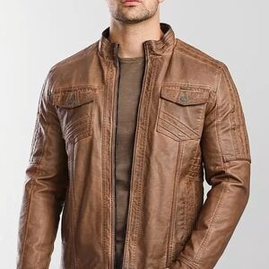 Buckle Retro Men's Tan Leather Jacket